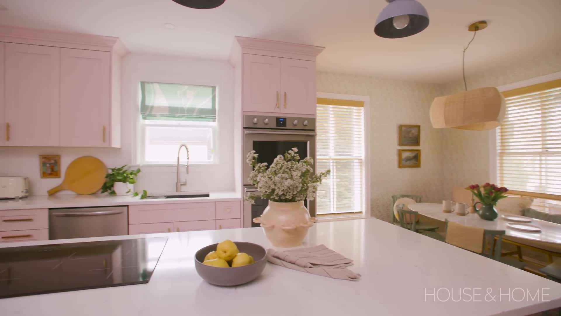 Playful printed dishware adds a pop of pastel to the kitchen