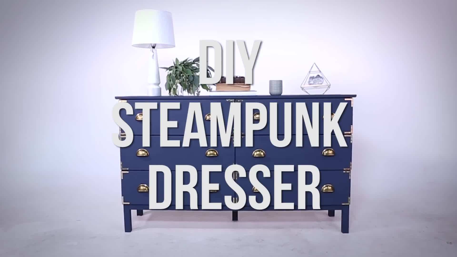 Before and after comparison of the DIY steampunk dresser
