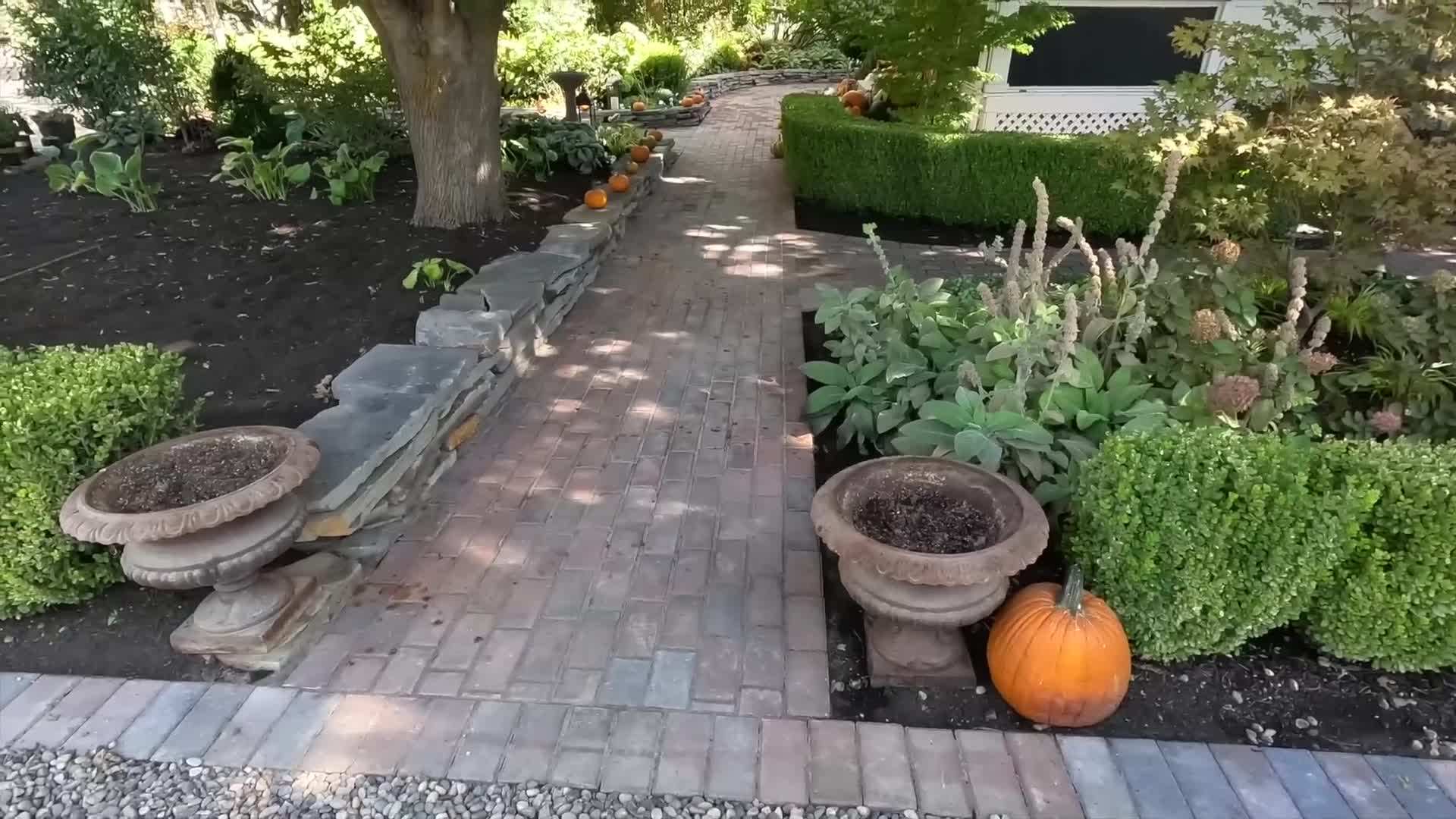 Various fall containers displayed in a garden setting