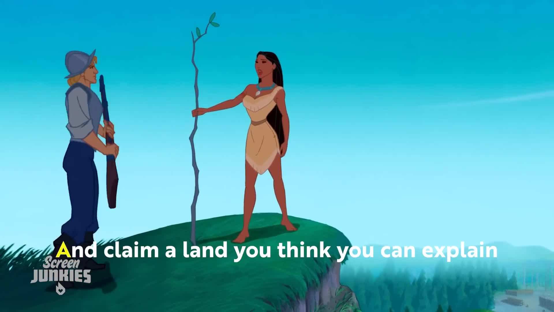 John Smith and Pocahontas in a romantic scene