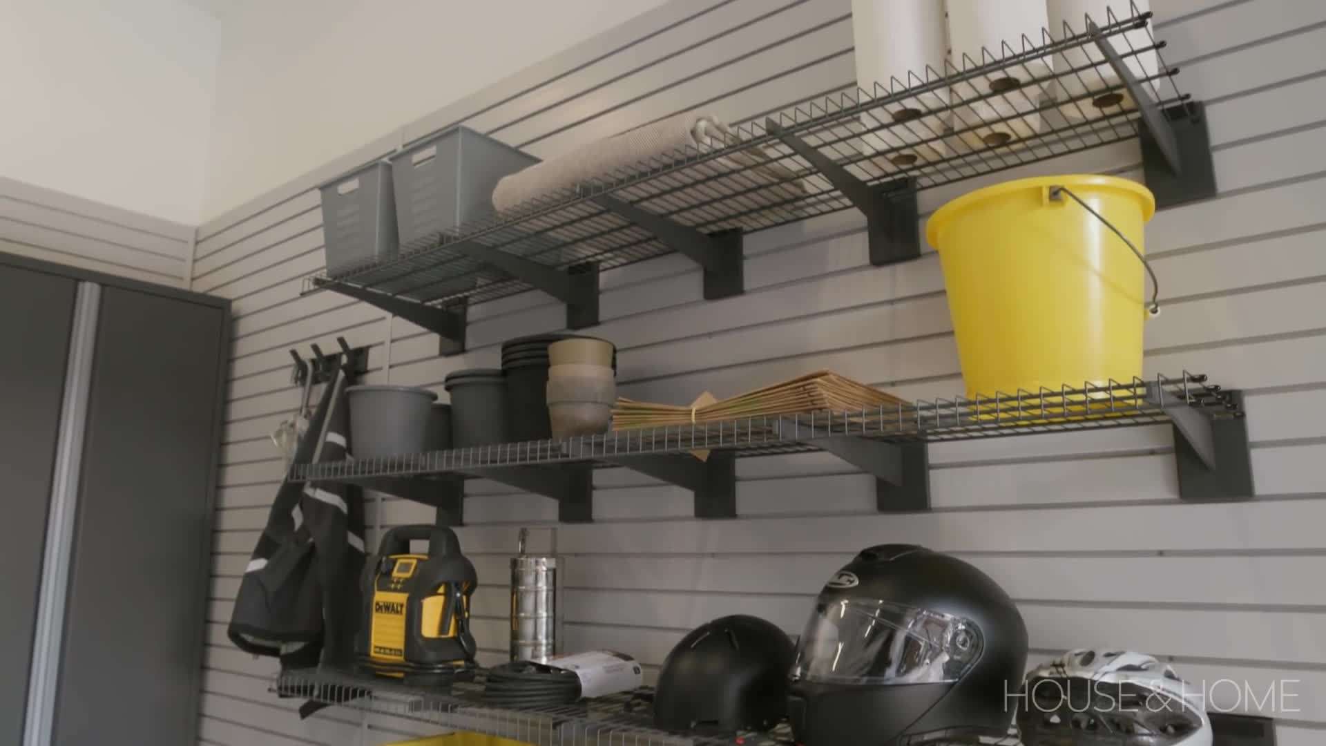 Wall-mounted cabinets and shelves for closed storage in a garage