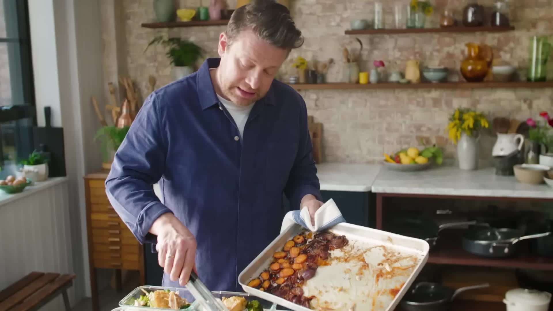 Jamie demonstrating batch cooking and freezing extras