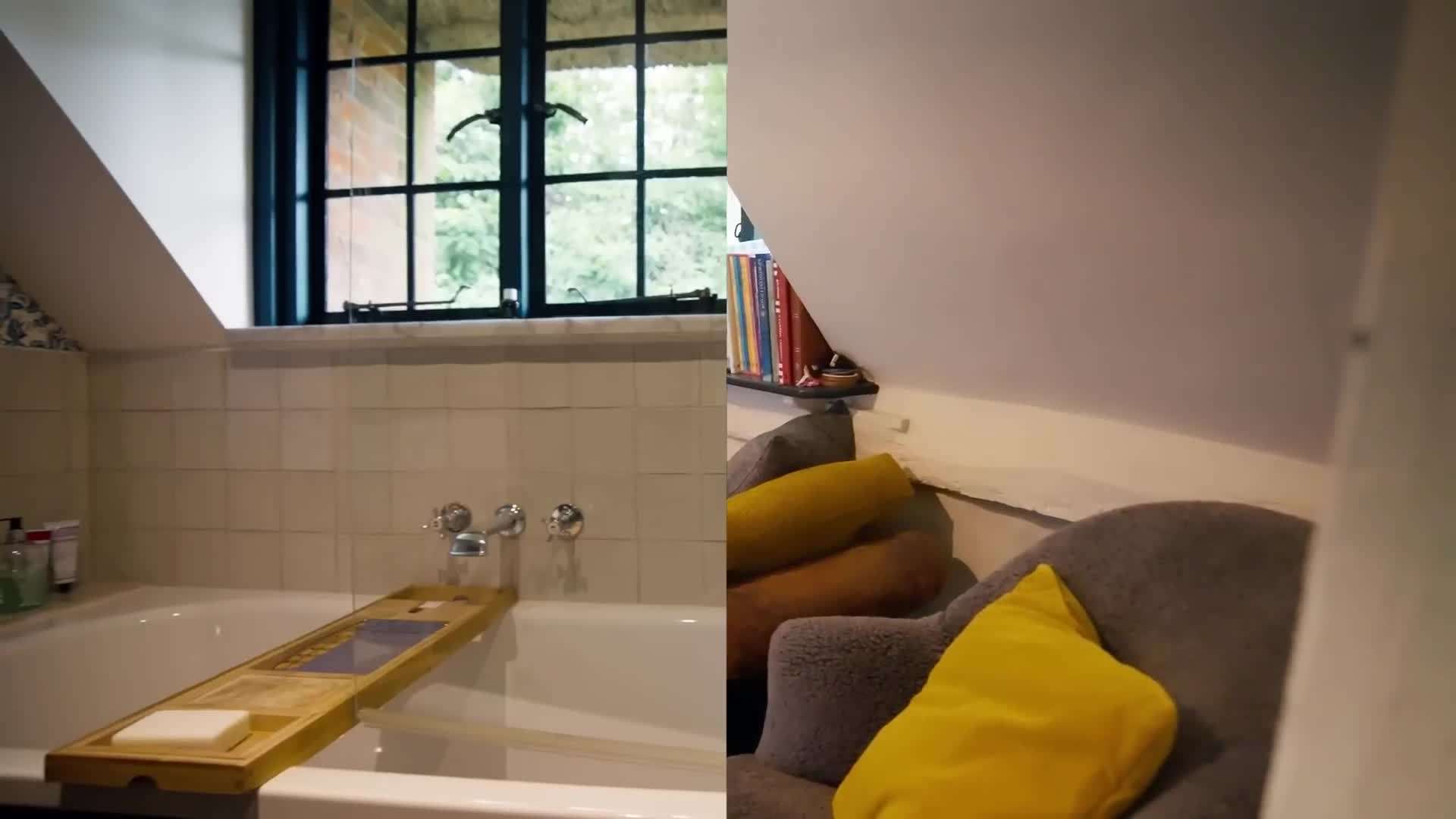 The rustic kitchen with exposed wooden beams and farmhouse-style table