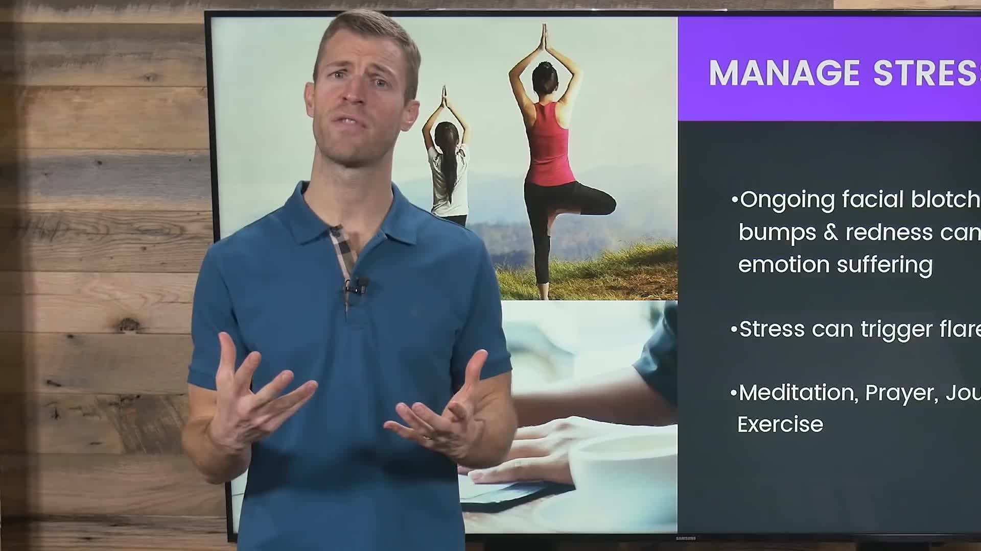 A woman practicing yoga to reduce stress