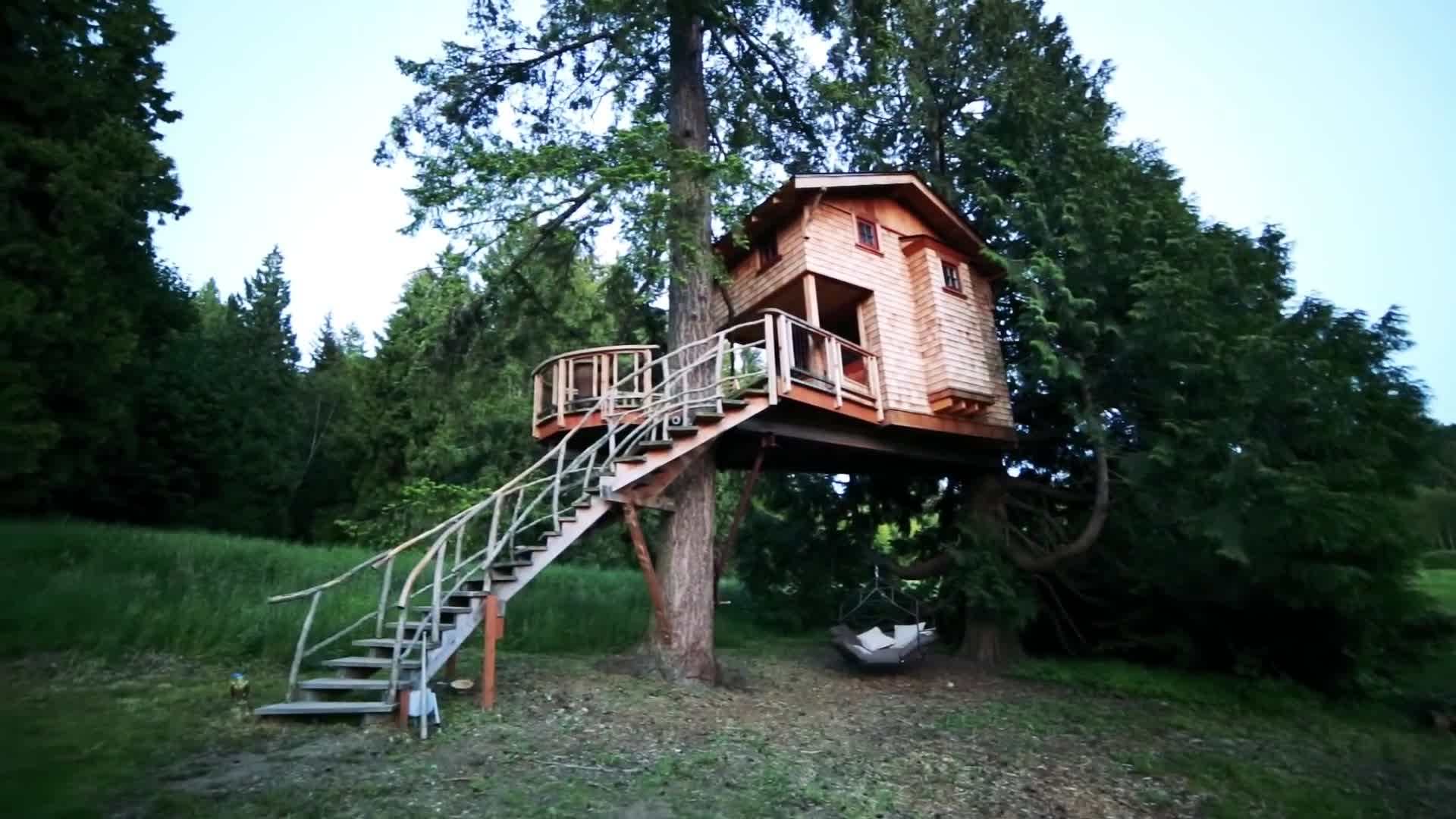 Rustic bathroom with a tree trunk as the centerpiece