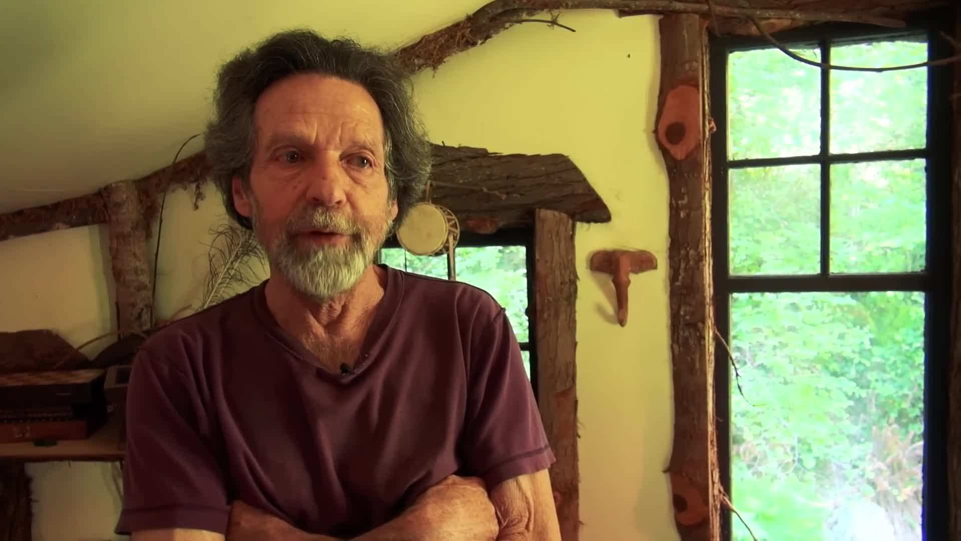 Exterior of Alban's magical woodland cabin