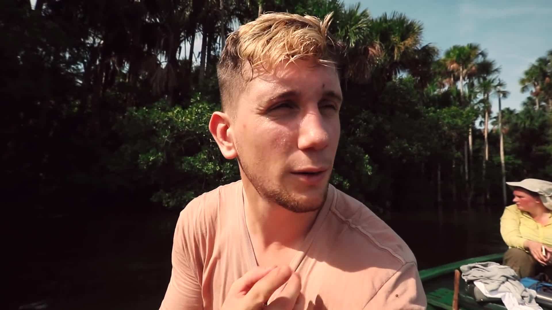 Close-up shot of a jaguar lounging on a tree branch in the Amazon Rainforest