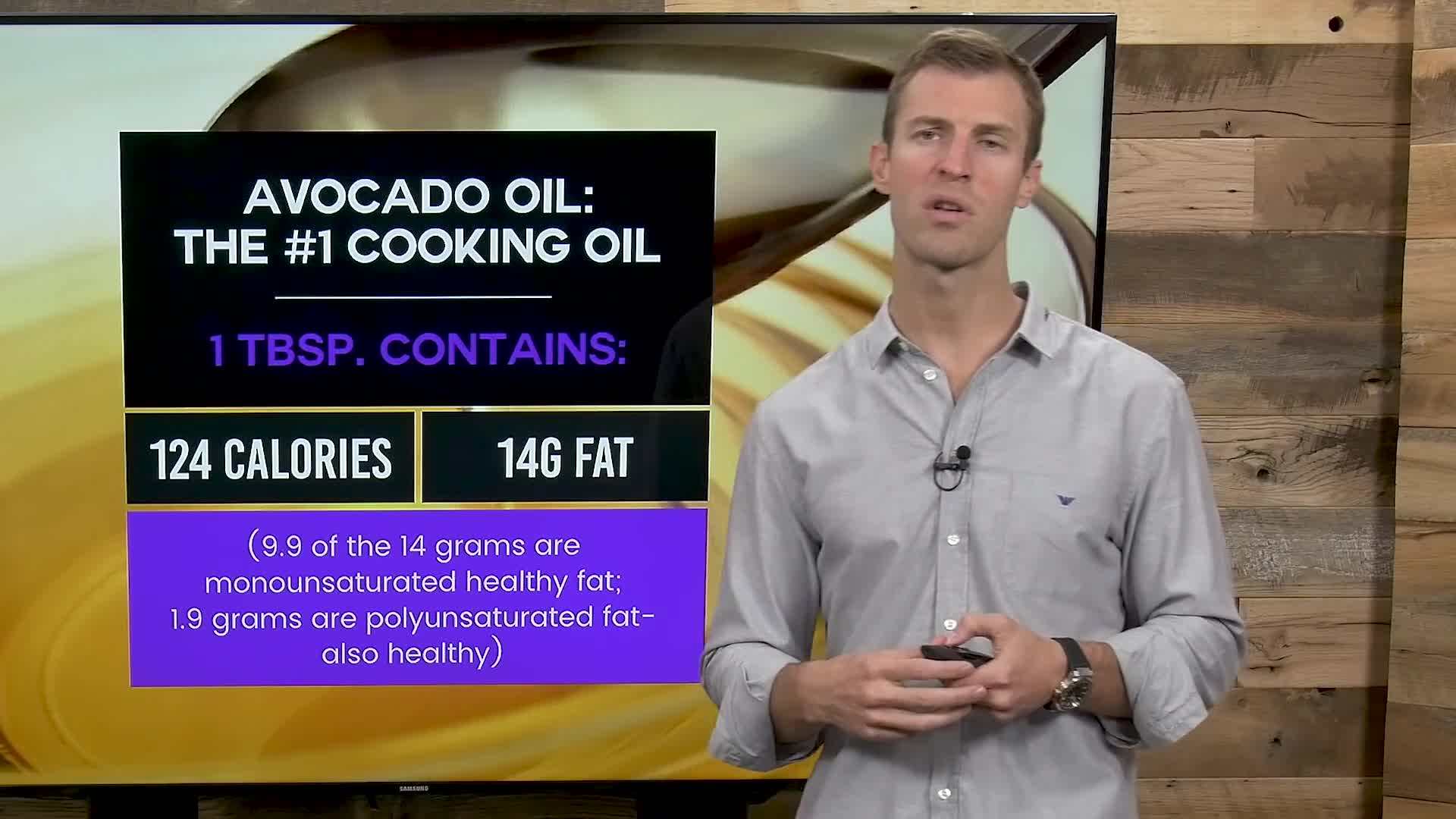 Avocado oil bottle and avocado on a wooden countertop