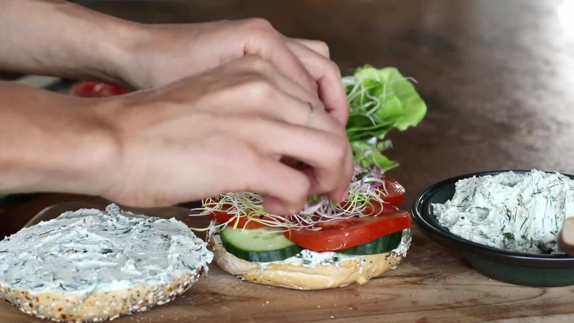 Breakfast sandwich with roasted veggies and plant-based cheese
