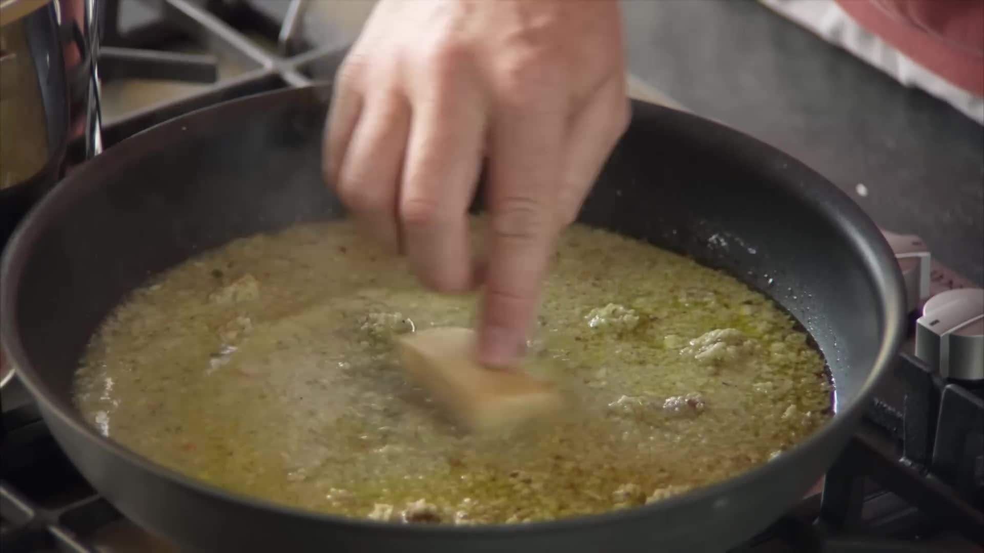 Broccoli pasta with feta cheese and pine nuts