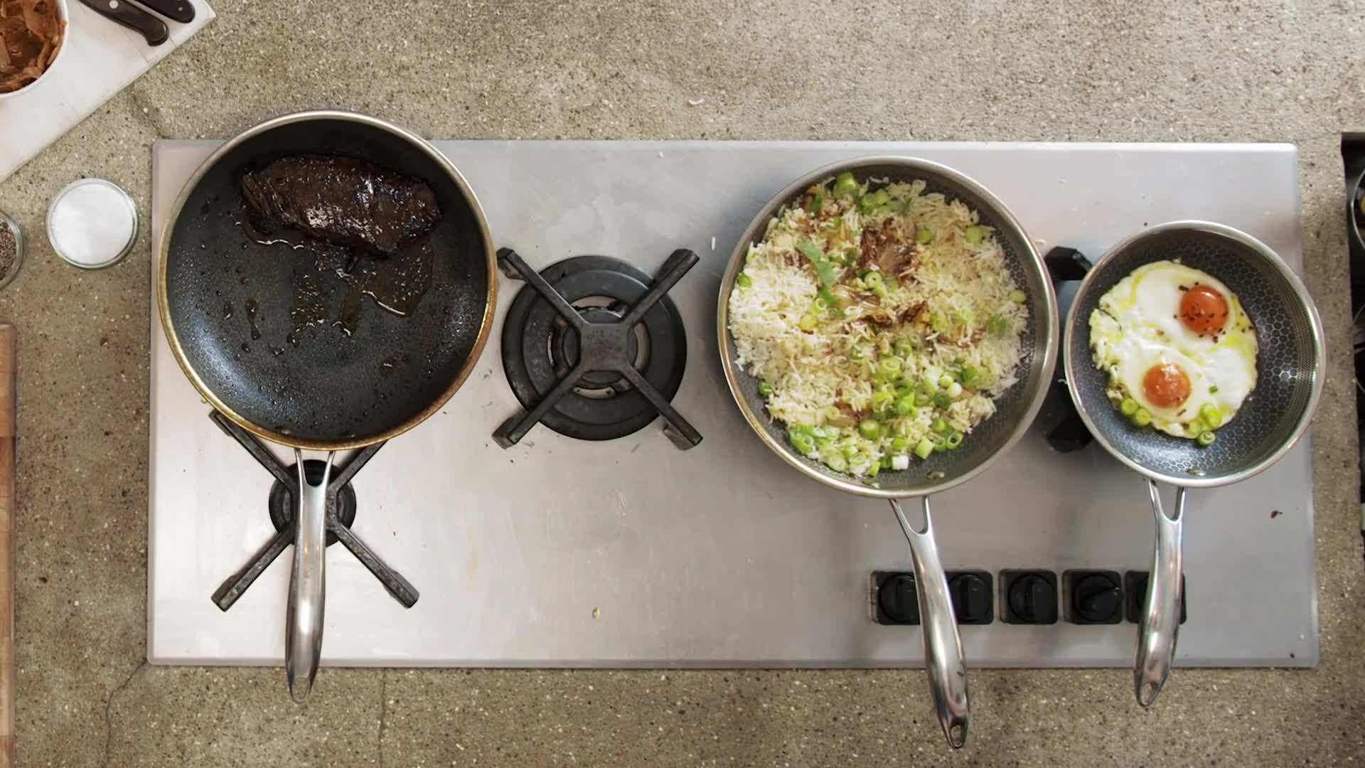Preparing kimchi fried rice