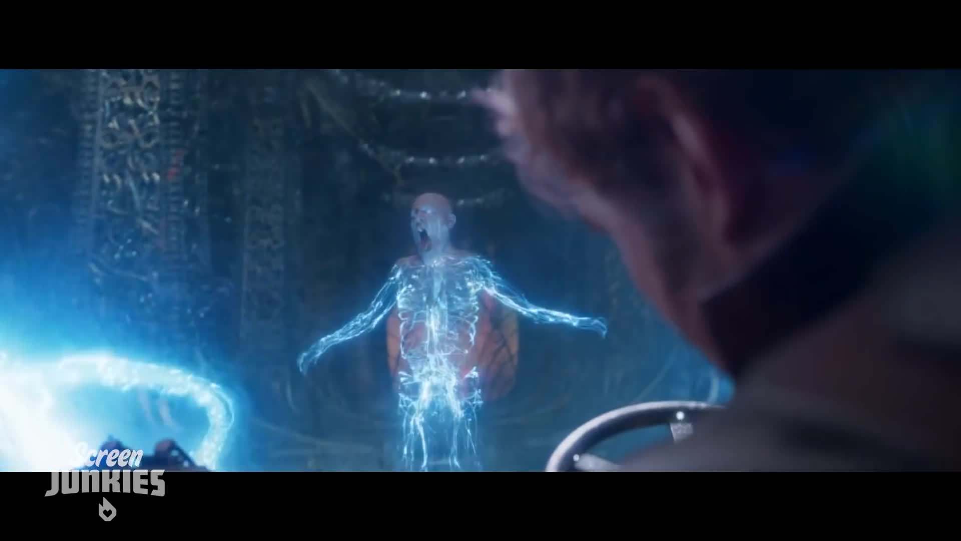 GIF of the Honest Trailer featuring a funny pop-up caption