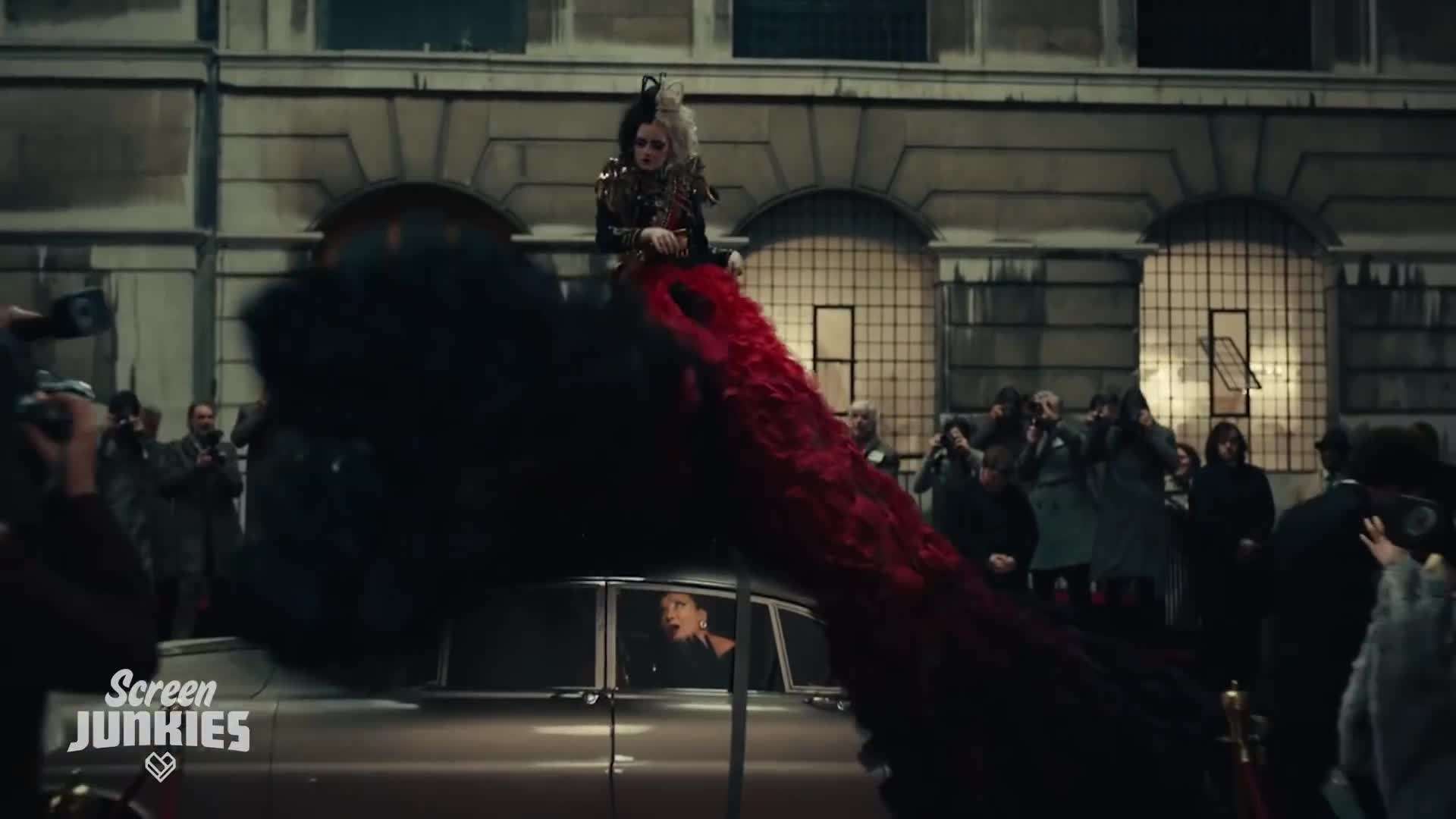 Cruella's iconic black and white ensembles