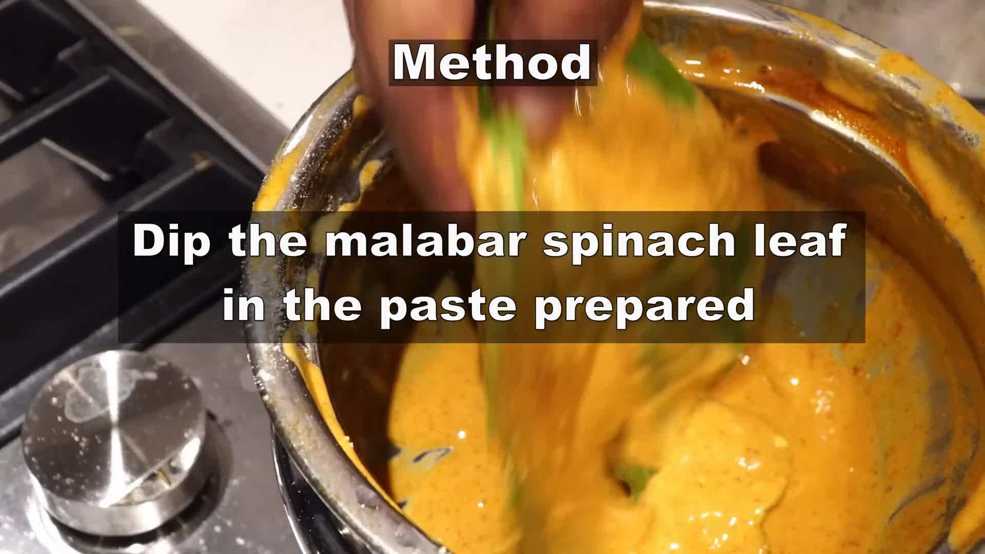 Malabar Spinach fritters being fried