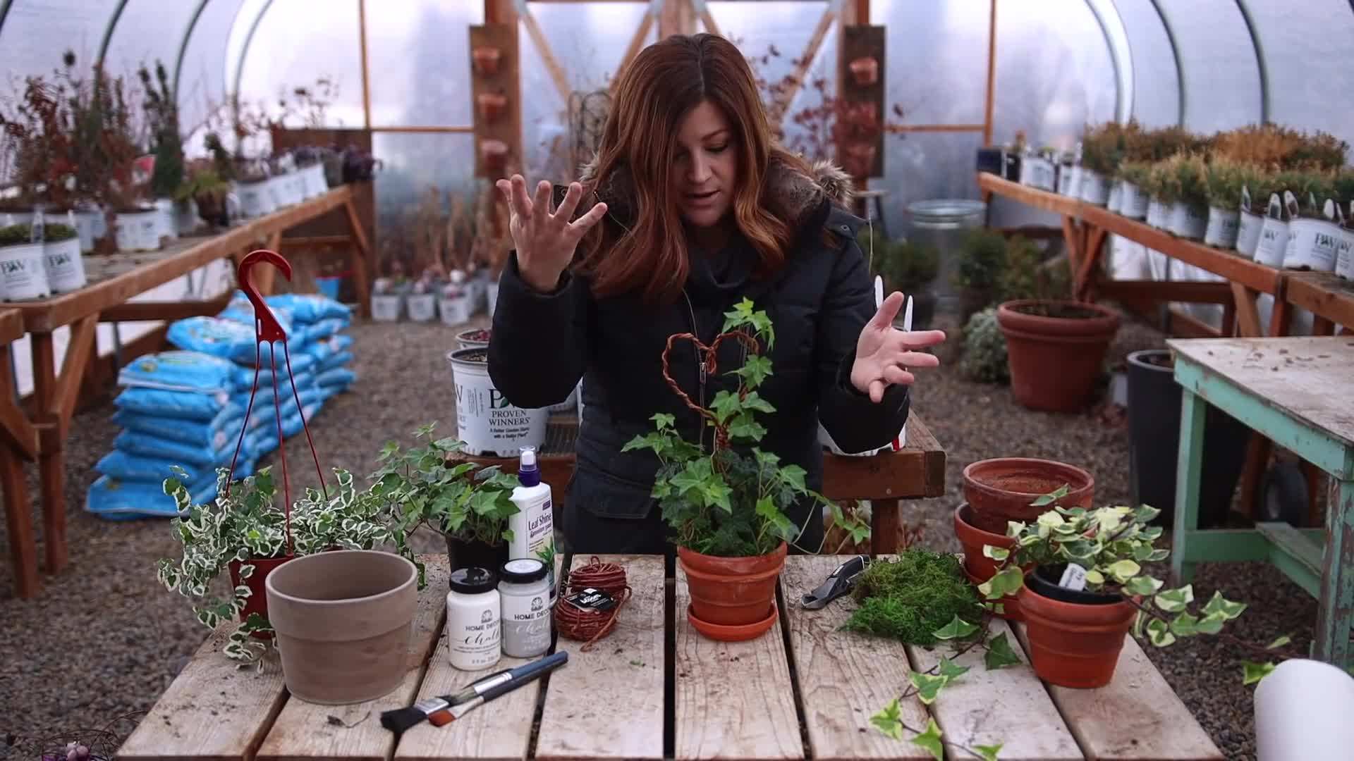 Showcasing the finished wire topiary with a houseplant