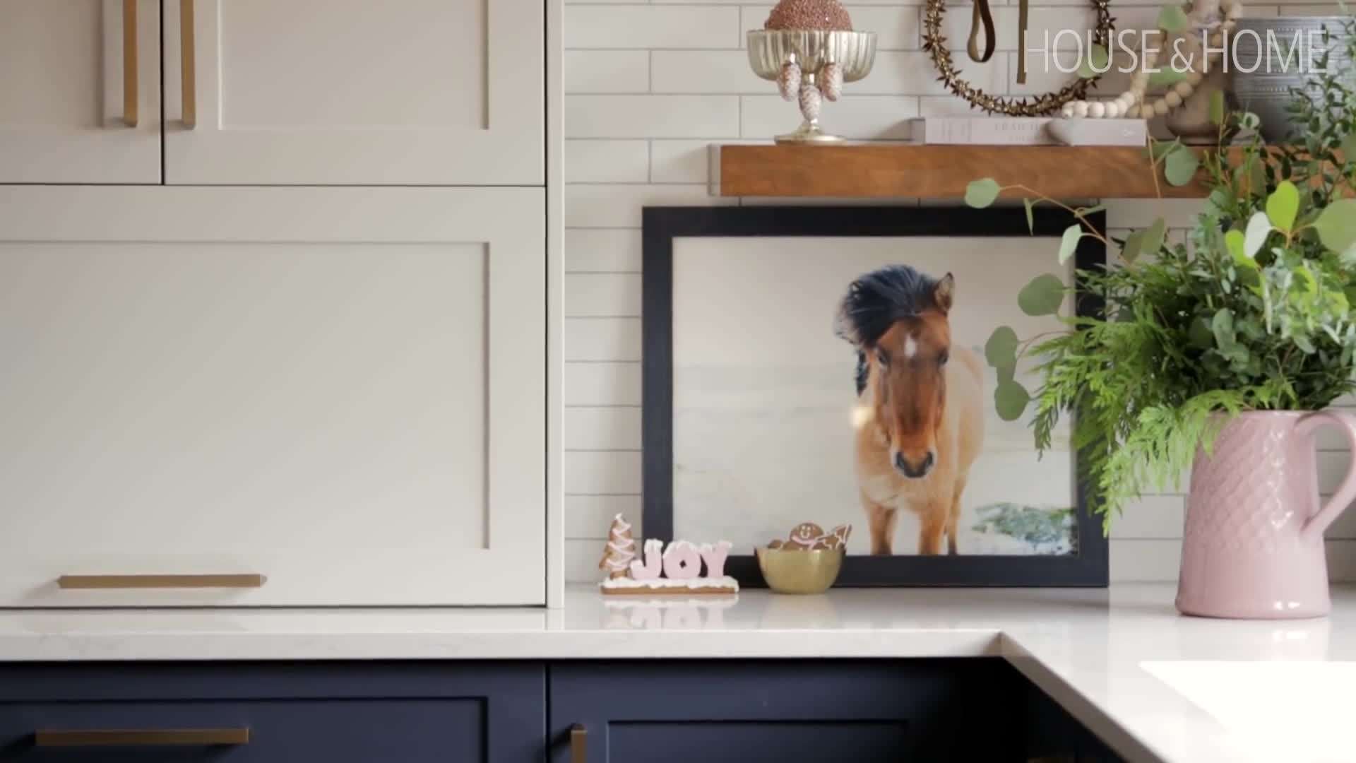 Navy Lower Cabinets with Brass Hardware
