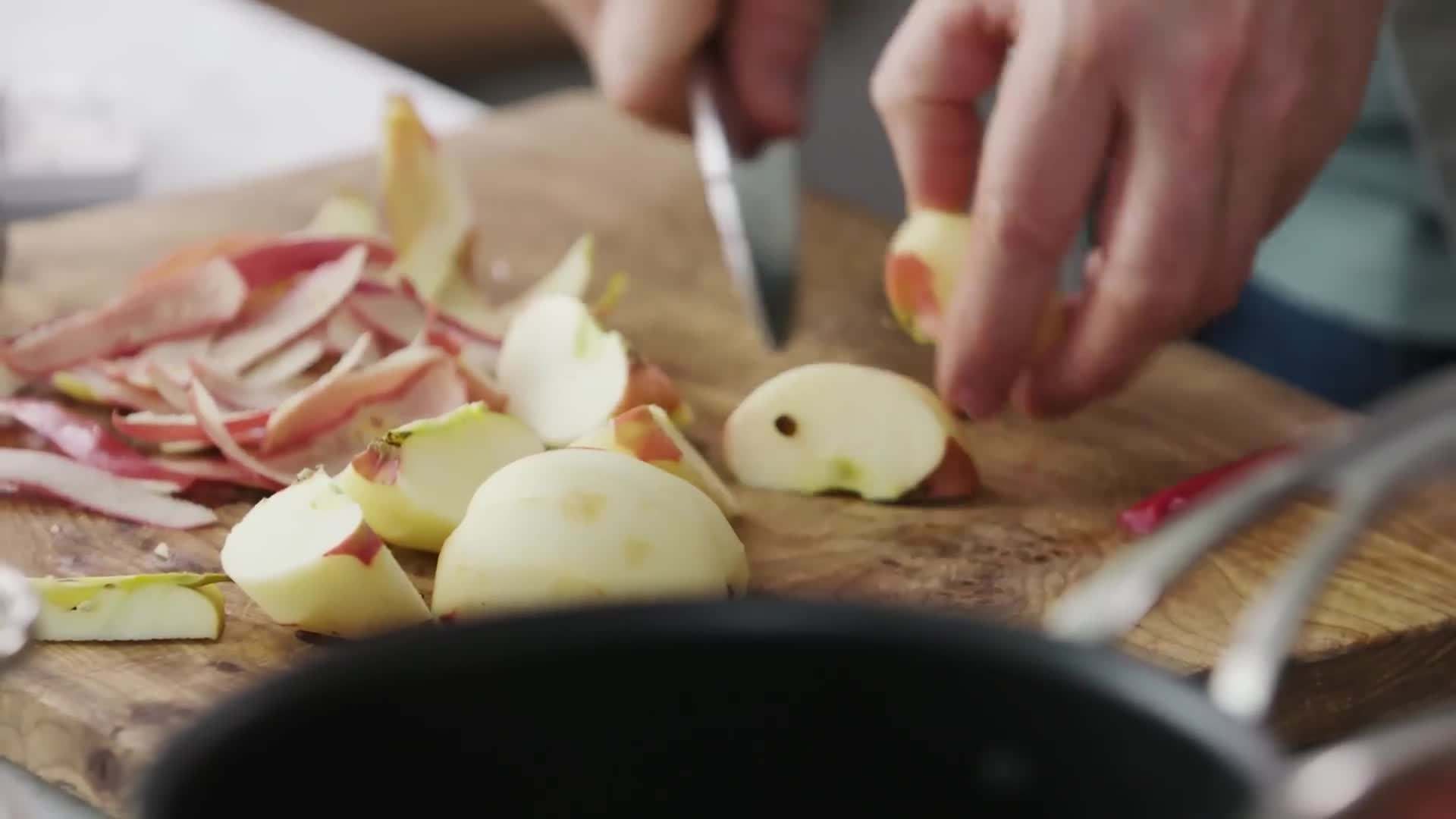 Preparing the forced rhubarb and apples