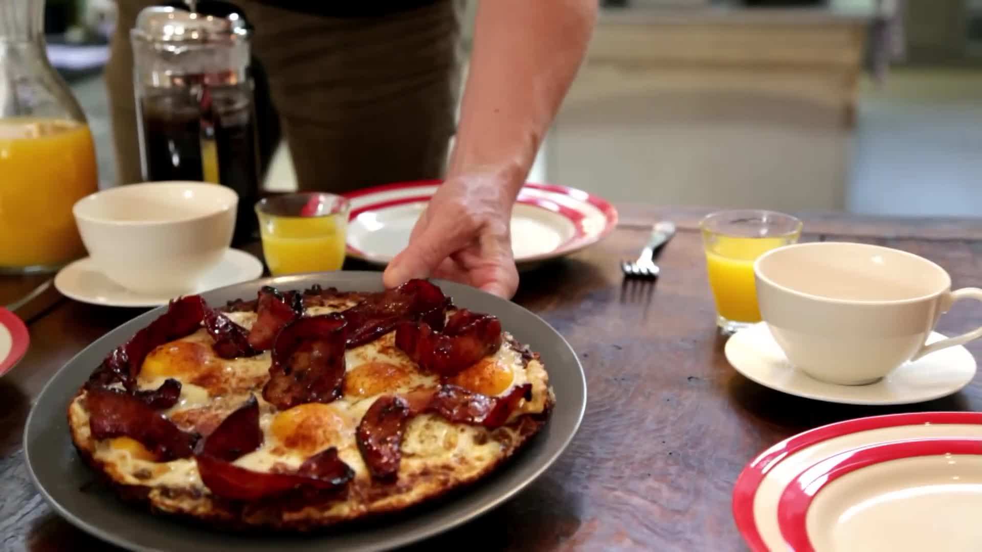 The finished all-American breakfast with glazed bacon