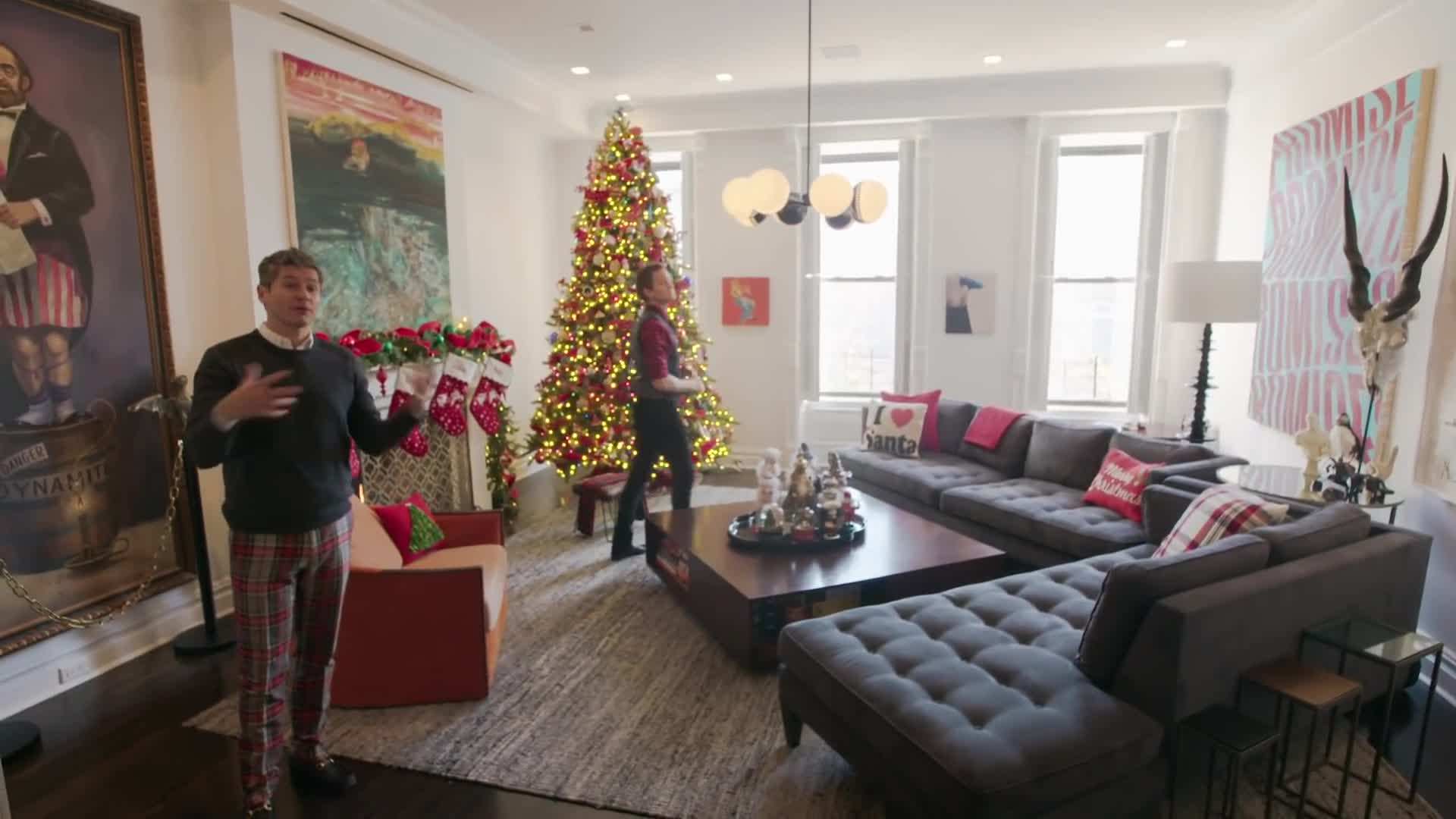 Festive holiday decorations in the brownstone