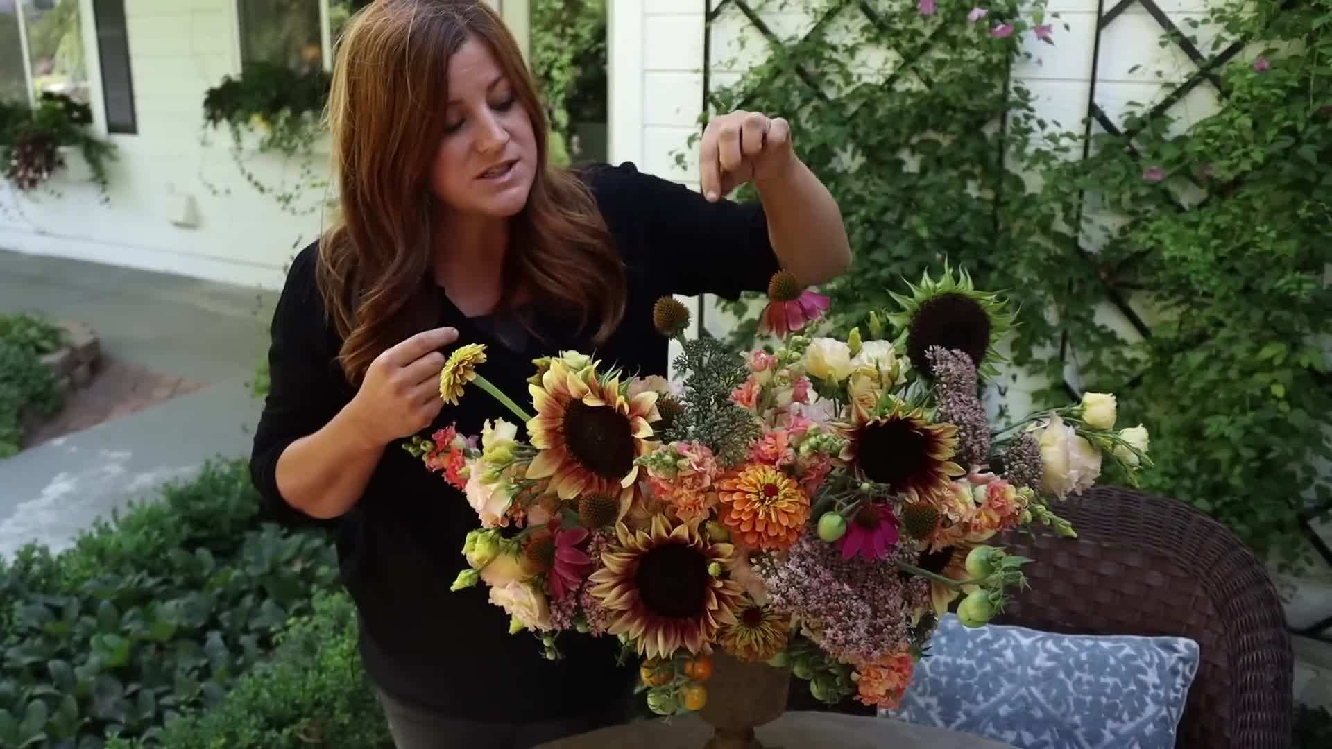 Close-up of the zinnias and snapdragons used in the arrangement