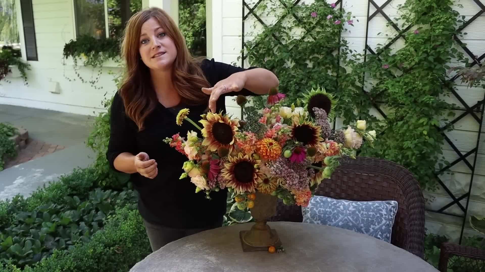 Close-up of the plum sunflowers used in the arrangement
