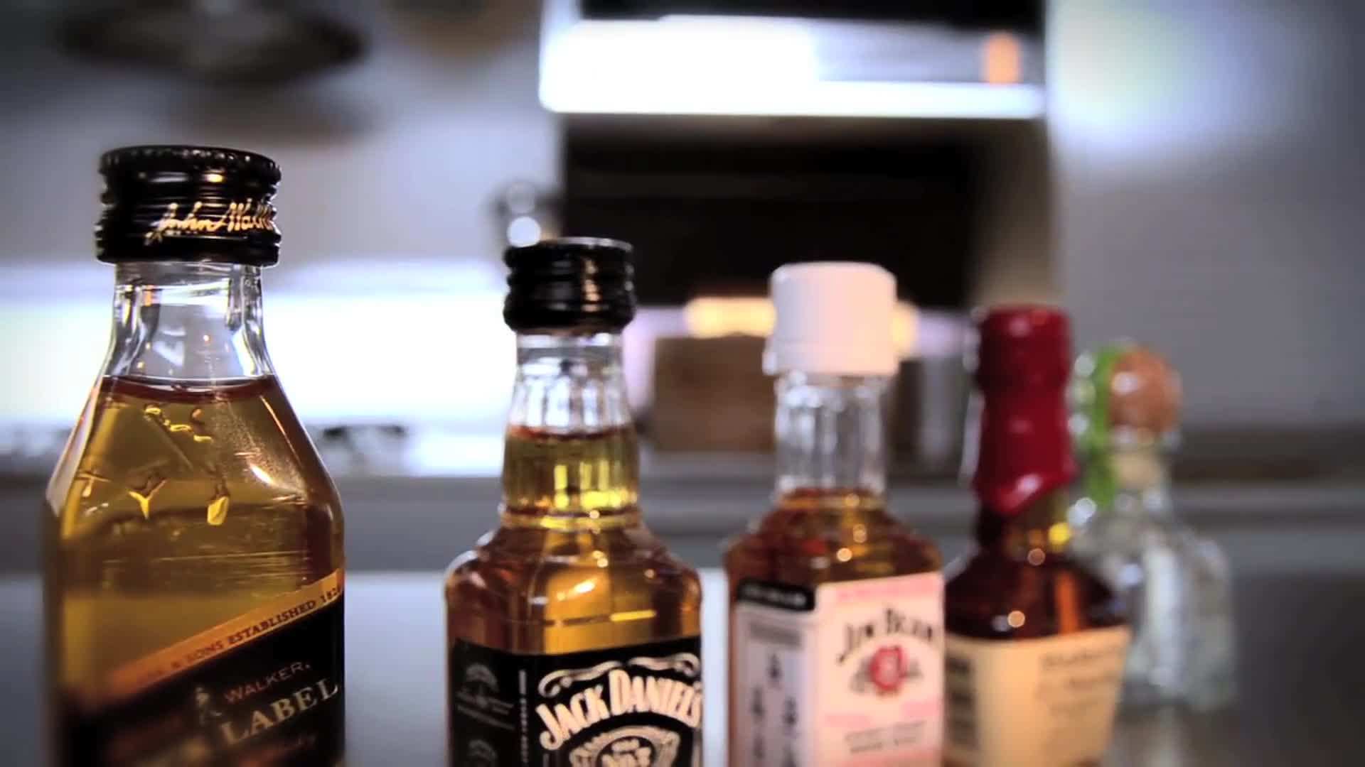 Mini liquor bottles and maraschino cherries