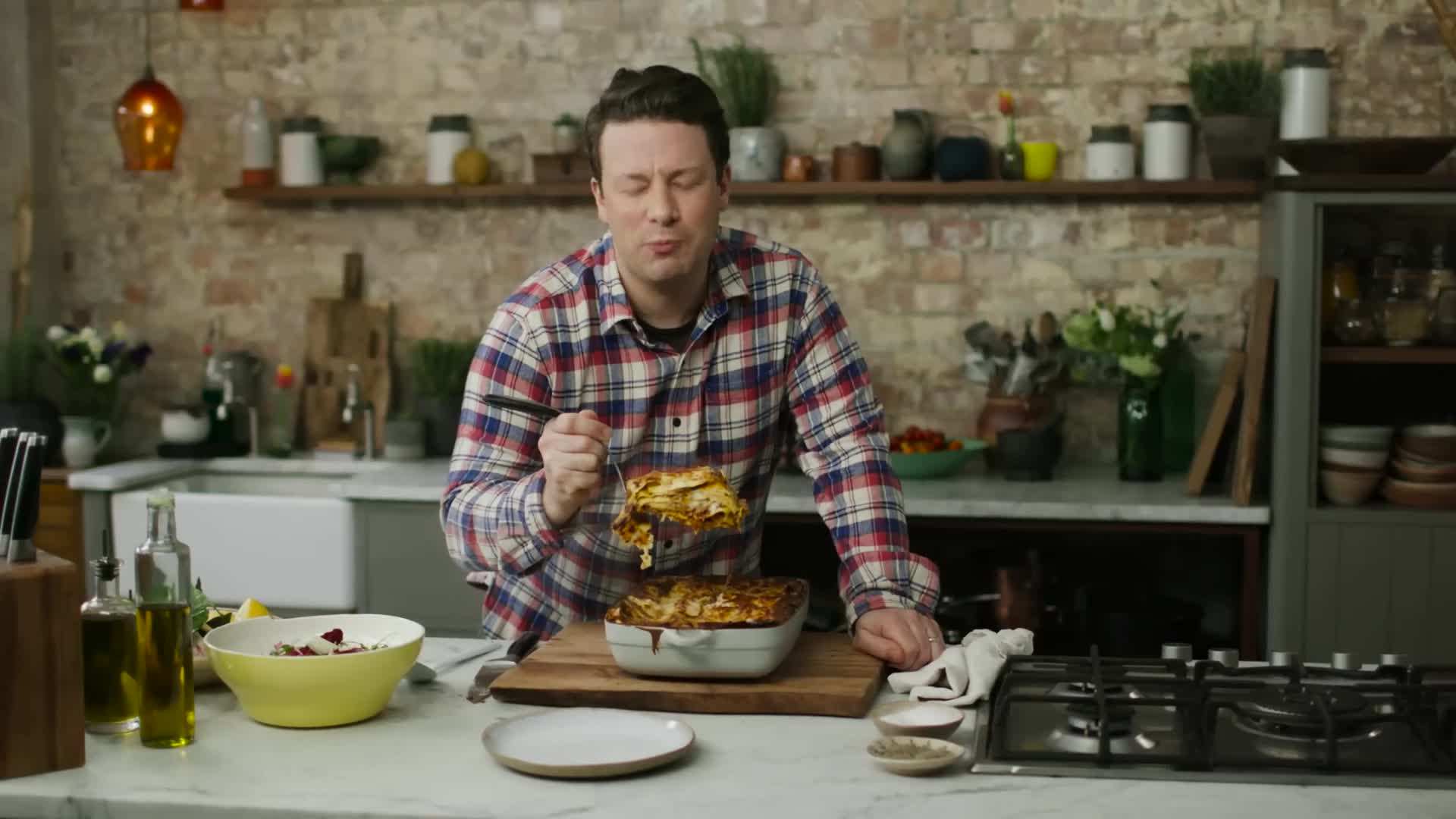 The perfectly baked lasagna, golden and bubbly