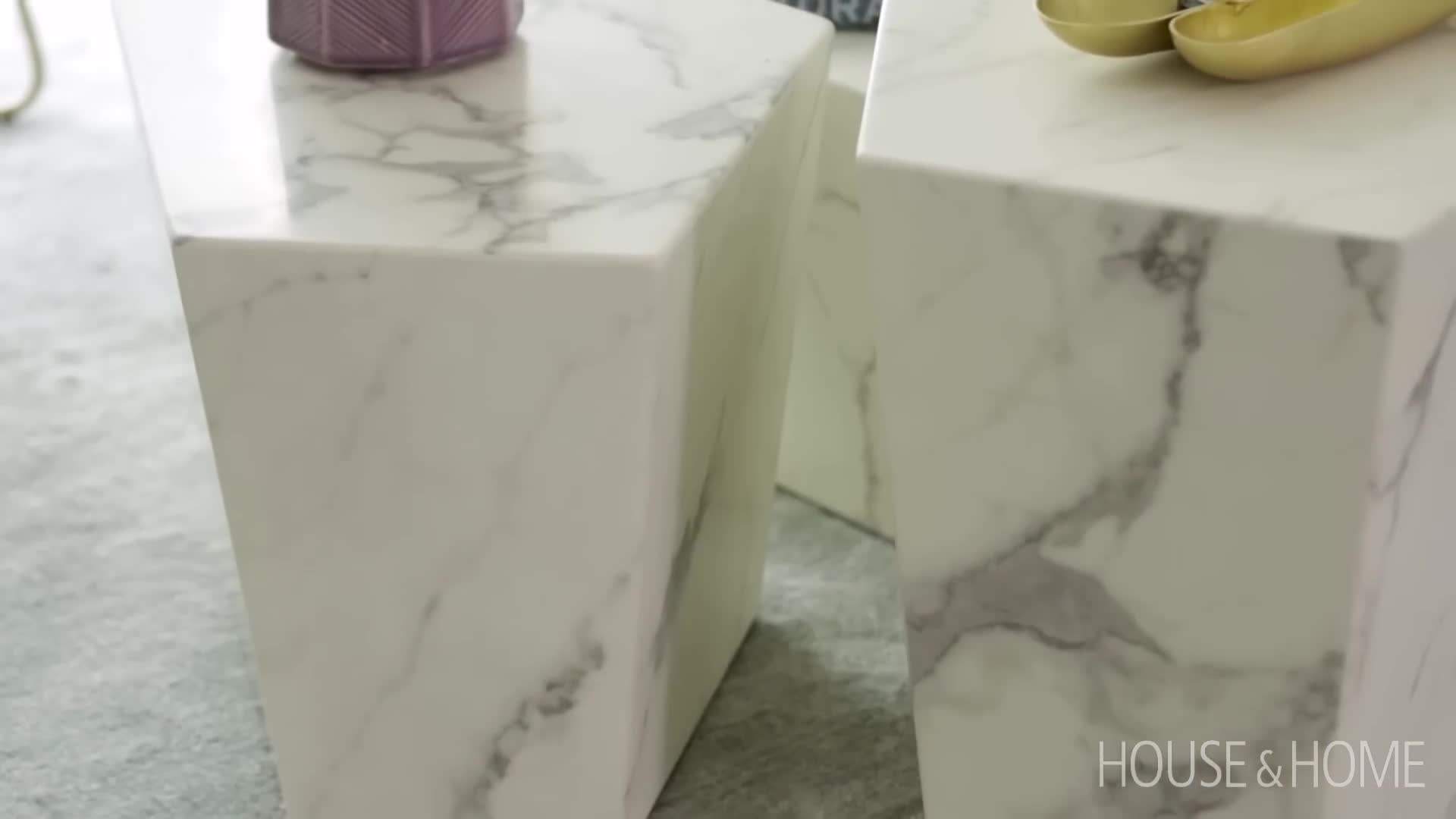 Channeled Sofa and Marble Tables