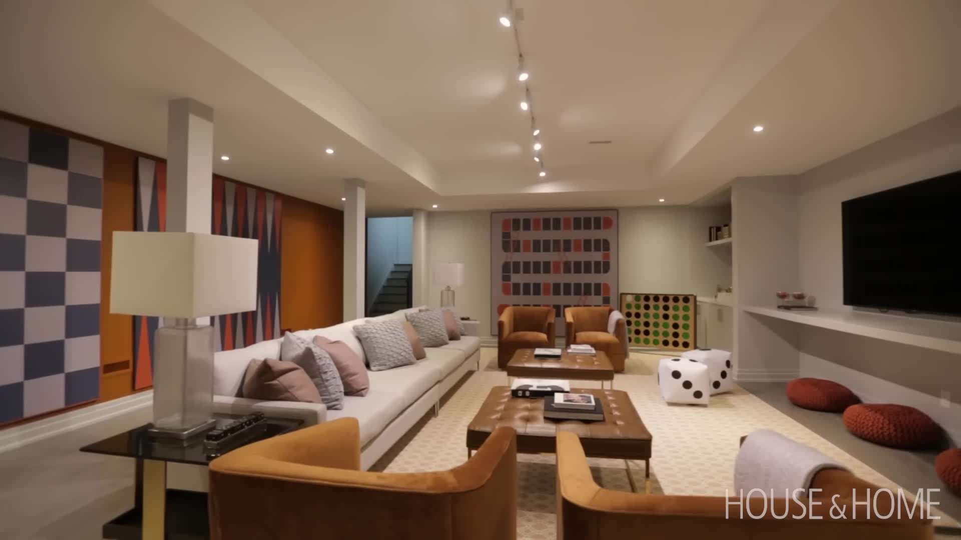 Basement Seating Area with Orange Accents