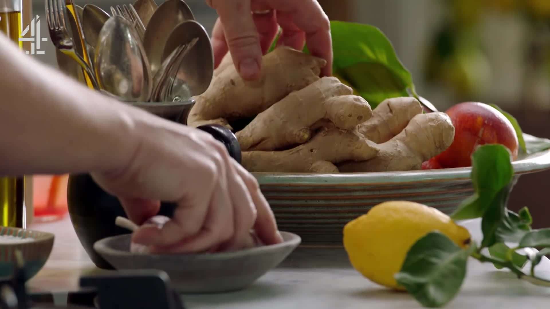 Slicing ginger with a speed peeler for thin slivers