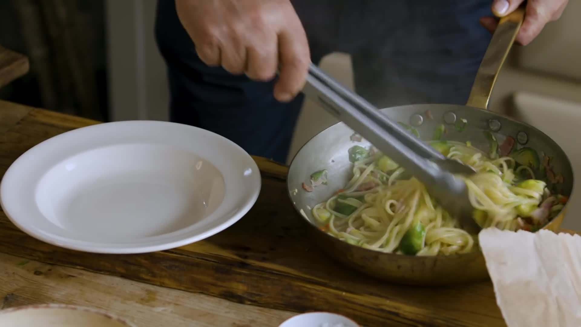 Delicious Brussels sprouts linguine ready to be served